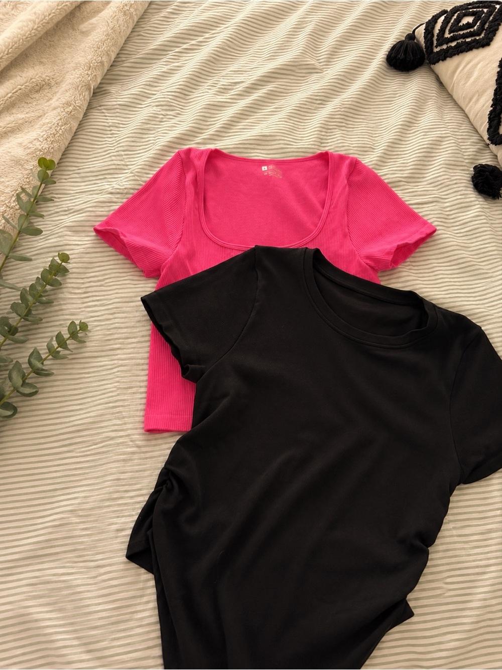 OQQ Black Crew Tee + Hot Pink Scoop Crop Top - Set